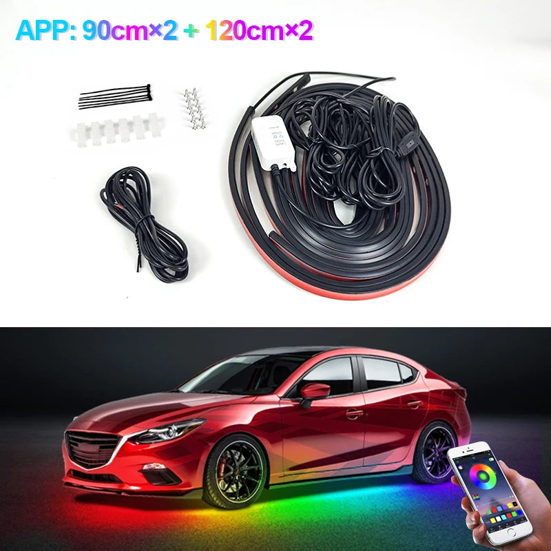 Car Flexible Underglow Strip Light LED Underbody APP Remote Sound Control RGB Neon Light Atmosphere Lamp Auto Decoration