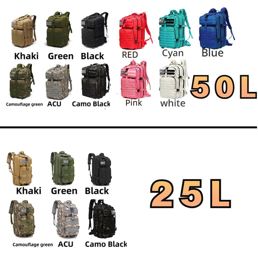 Mochila Táctica Impermeable de Nylon Reforzado – 25L / 50L para Trekking, Pesca, Caza y Camping 🎒🌲