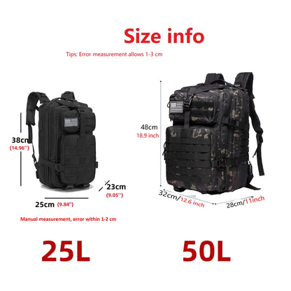 Mochila Táctica Impermeable de Nylon Reforzado – 25L / 50L para Trekking, Pesca, Caza y Camping 🎒🌲
